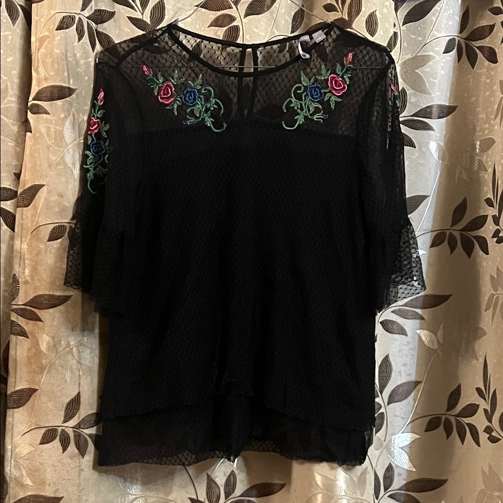 Valerie Stevens Black Lace Blouse with Floral Embroidery